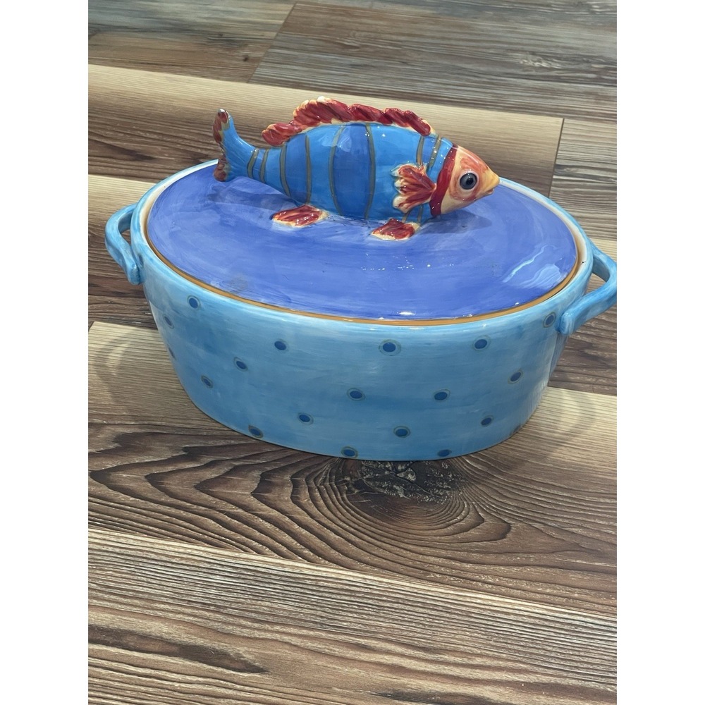 Foreside‎ Casserole Figural Fish Hand Painted Handles Covered Dish 8.5x13"